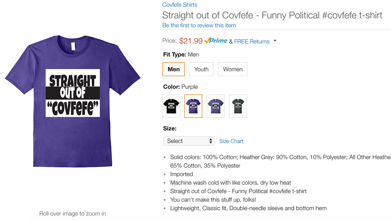 Illustration for article titled Be the Saddest Guy in the Office With Amazon's Embarrassing 'Covfefe' Swag